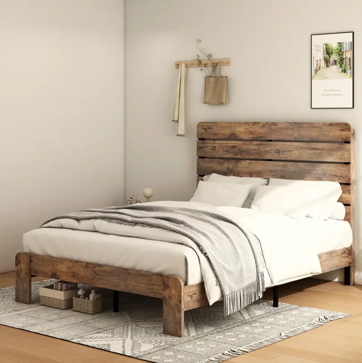 Bed Frame Full Size, Wood Platform Bed Frame  , Noise Free,No Box Spring Needed and Easy Assembly Tool,Large Under Bed Storage,Dark Brown