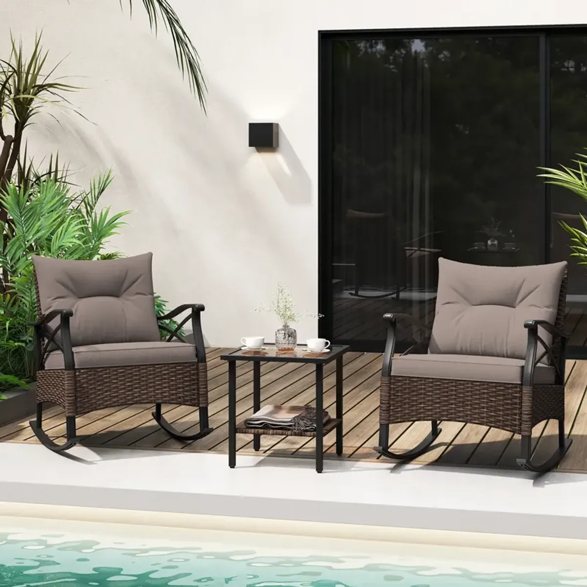 3 Pieces Outdoor Rattan Rocking Chairs Set with 2-Tier Side Table