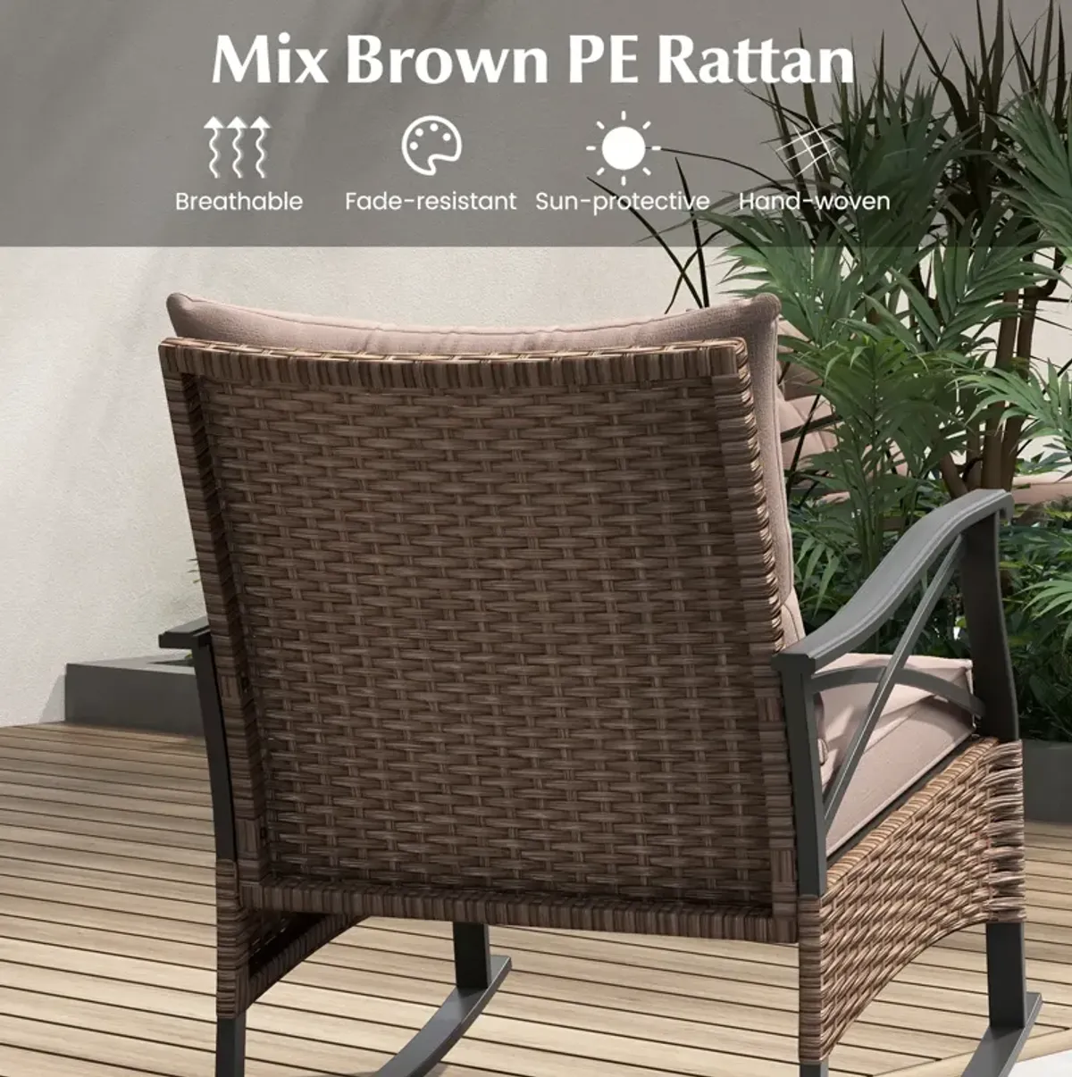 3 Pieces Outdoor Rattan Rocking Chairs Set with 2-Tier Side Table