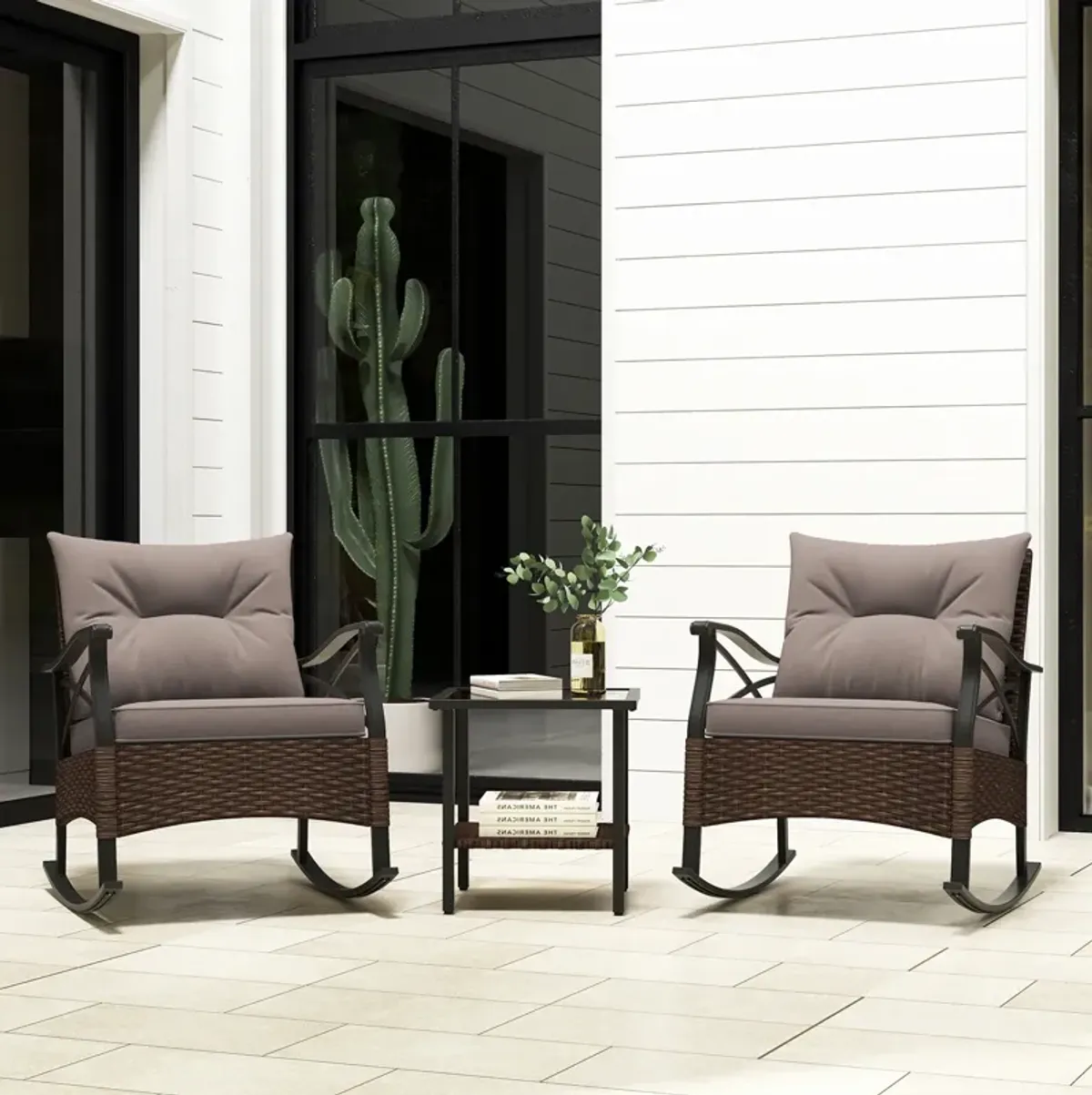 3 Pieces Outdoor Rattan Rocking Chairs Set with 2-Tier Side Table