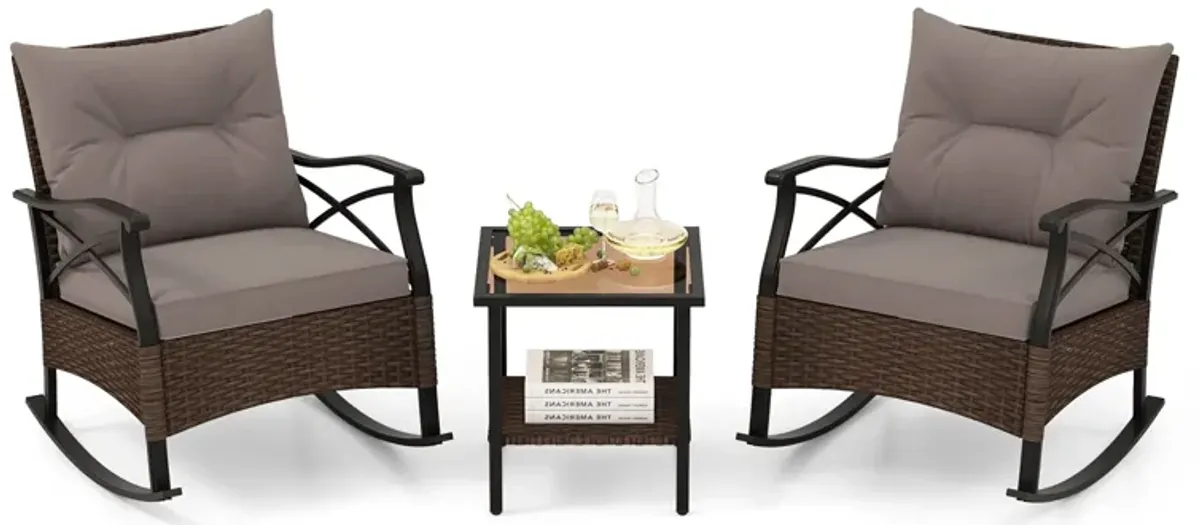 3 Pieces Outdoor Rattan Rocking Chairs Set with 2-Tier Side Table