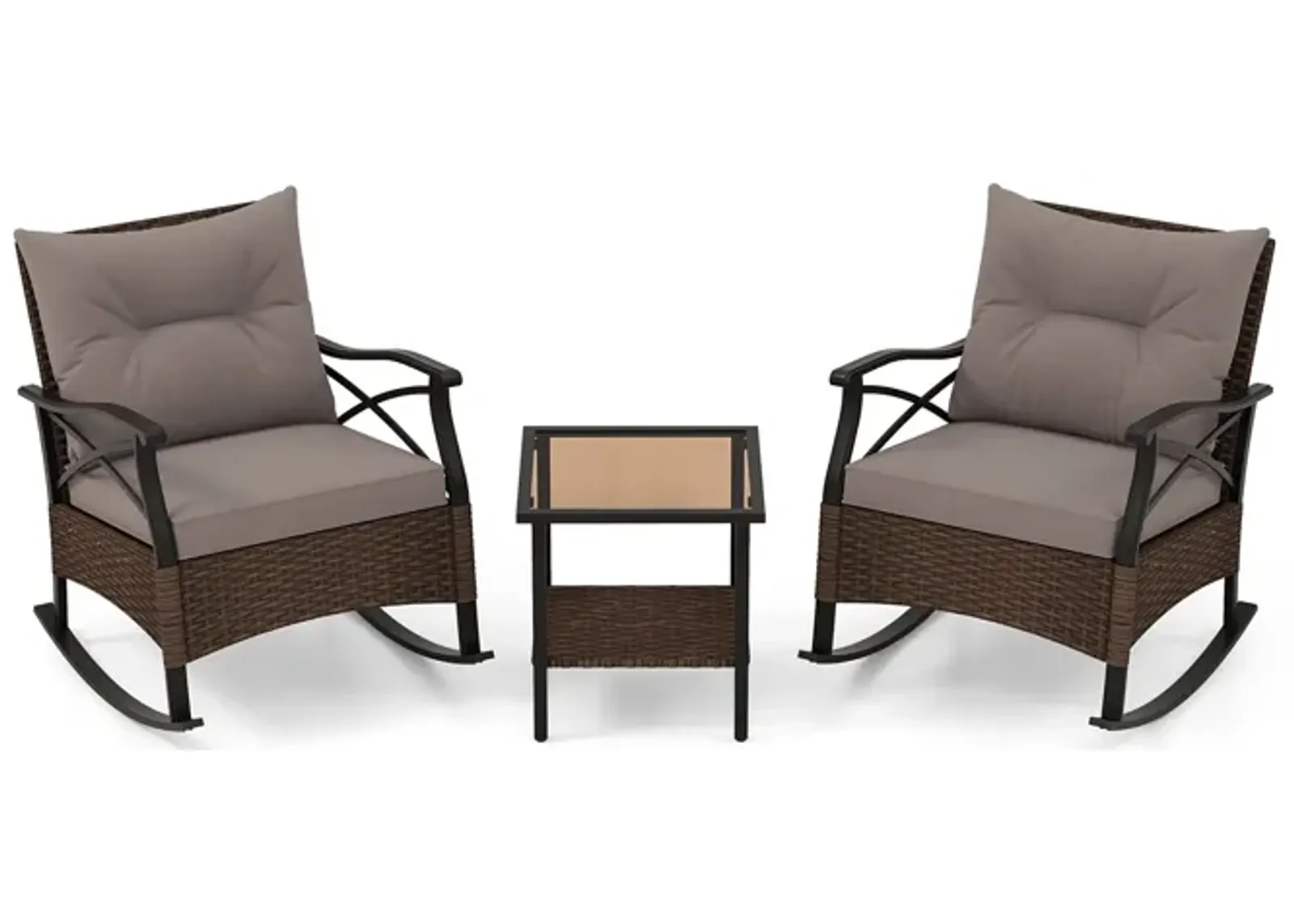 3 Pieces Outdoor Rattan Rocking Chairs Set with 2-Tier Side Table