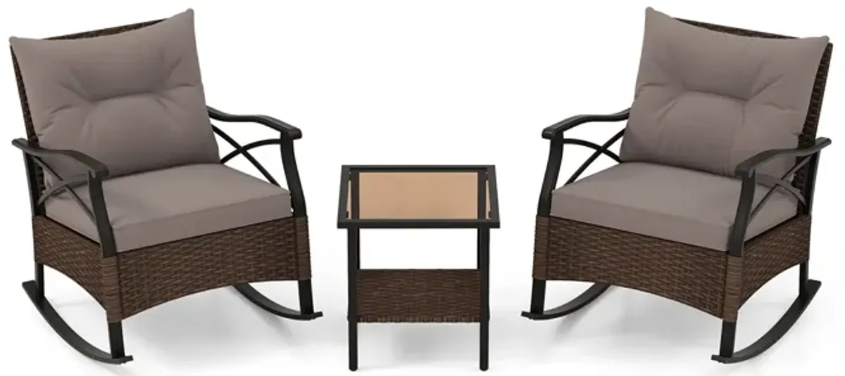 3 Pieces Outdoor Rattan Rocking Chairs Set with 2-Tier Side Table