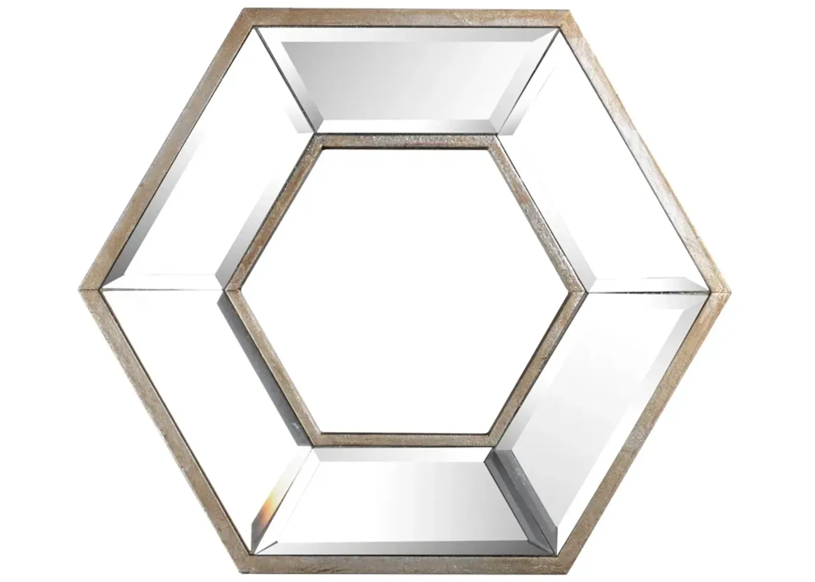 Toby 12 x 14 Inch Wall Mount Accent Mirror, Dual Hexagon Wood Frame, Brown-Benzara