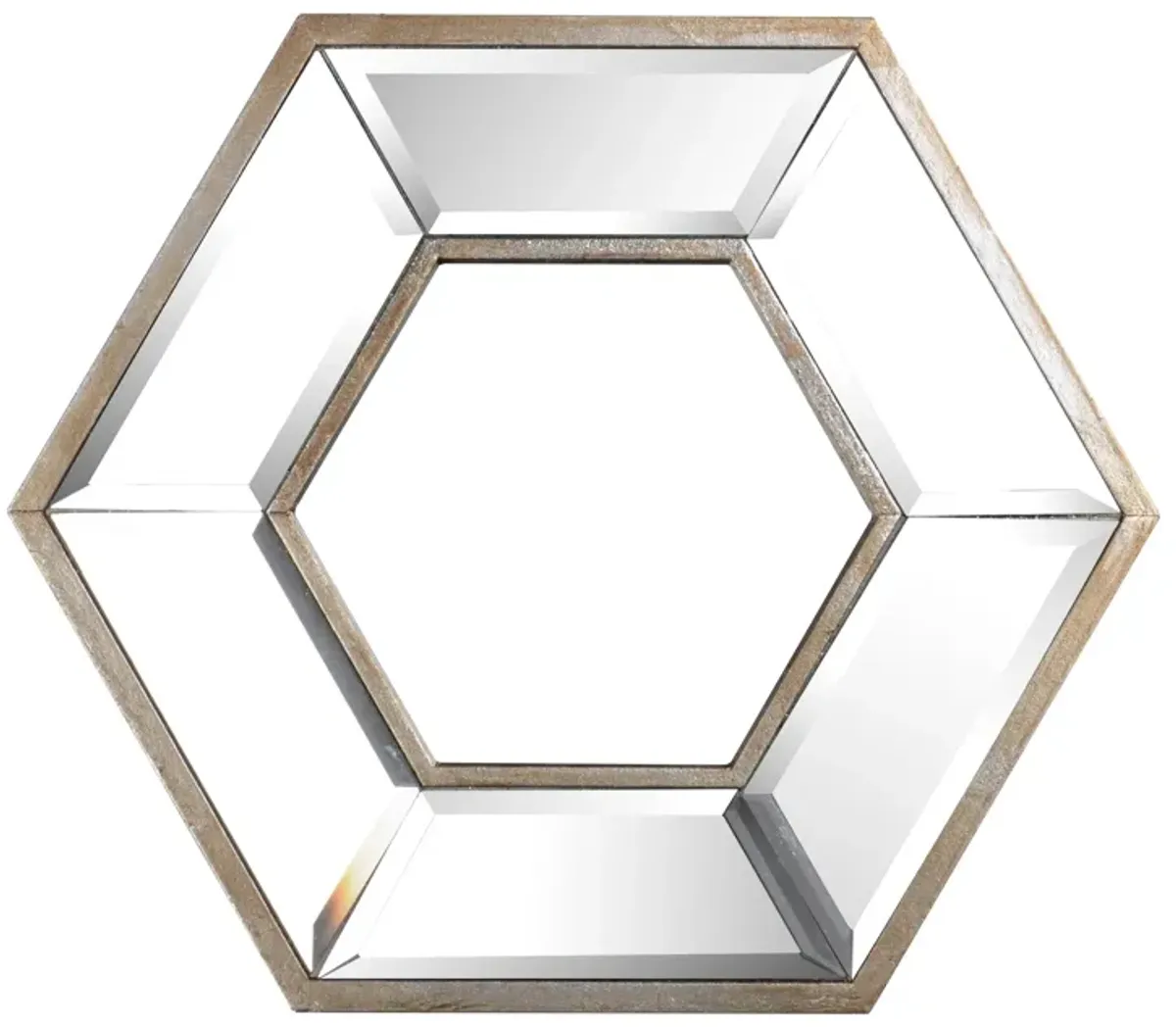 Toby 12 x 14 Inch Wall Mount Accent Mirror, Dual Hexagon Wood Frame, Brown-Benzara