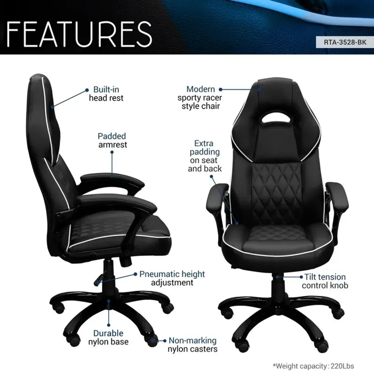 Techni Mobili High Back Executive Sport Race Office Chair. Color: Black