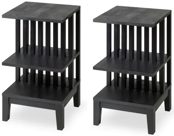 Set of 2 Black Hardwood Stands with Three Shelves - High-end Modern Farmhouse Style Side Tables