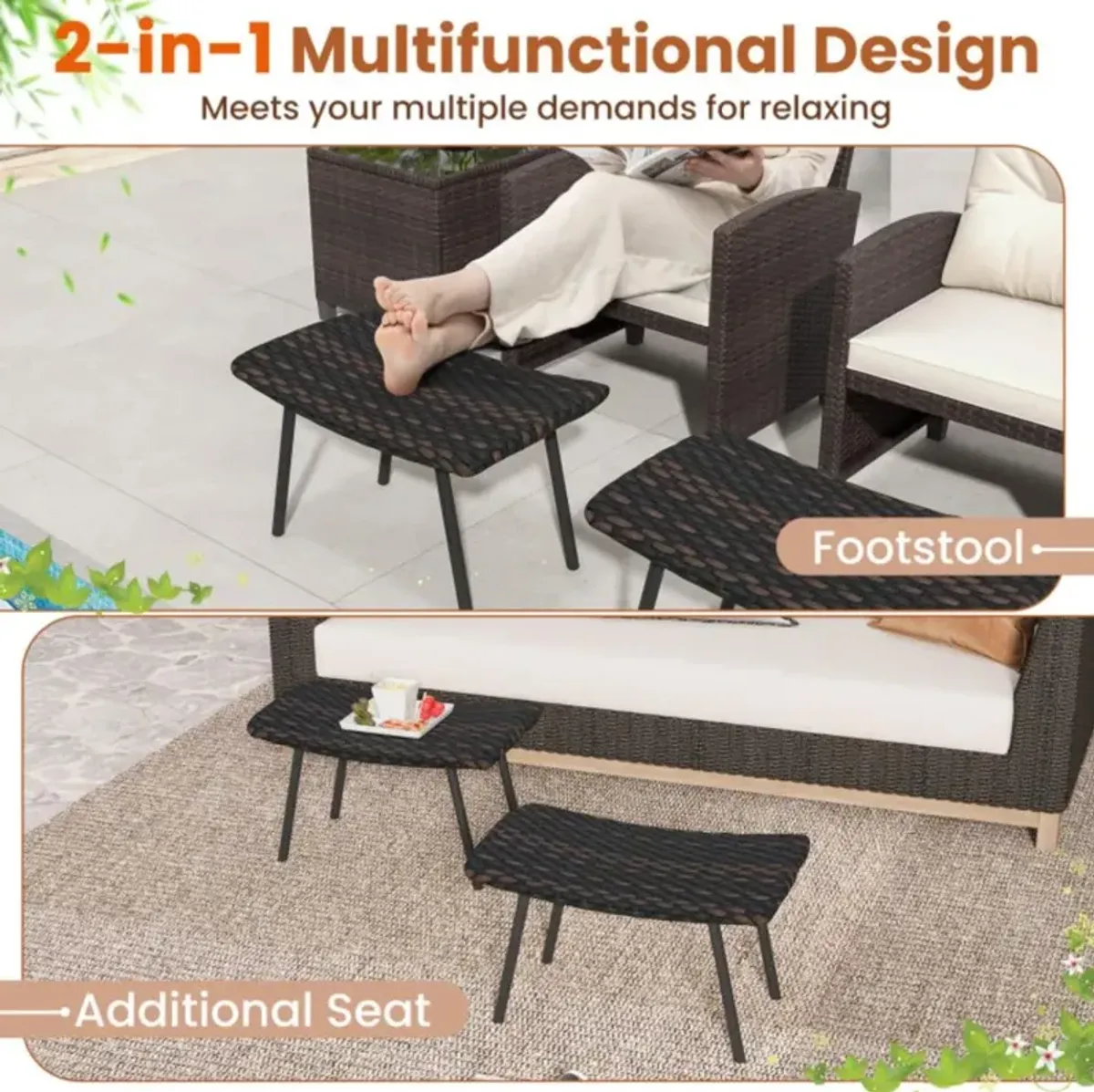 Hivvago All Weather Outdoor Ottomans Set Patio Footrest Seats Set with Sturdy Metal Legs -Brown