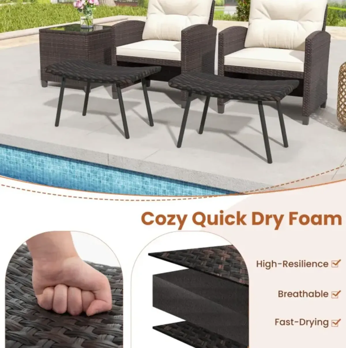 Hivvago All Weather Outdoor Ottomans Set Patio Footrest Seats Set with Sturdy Metal Legs -Brown