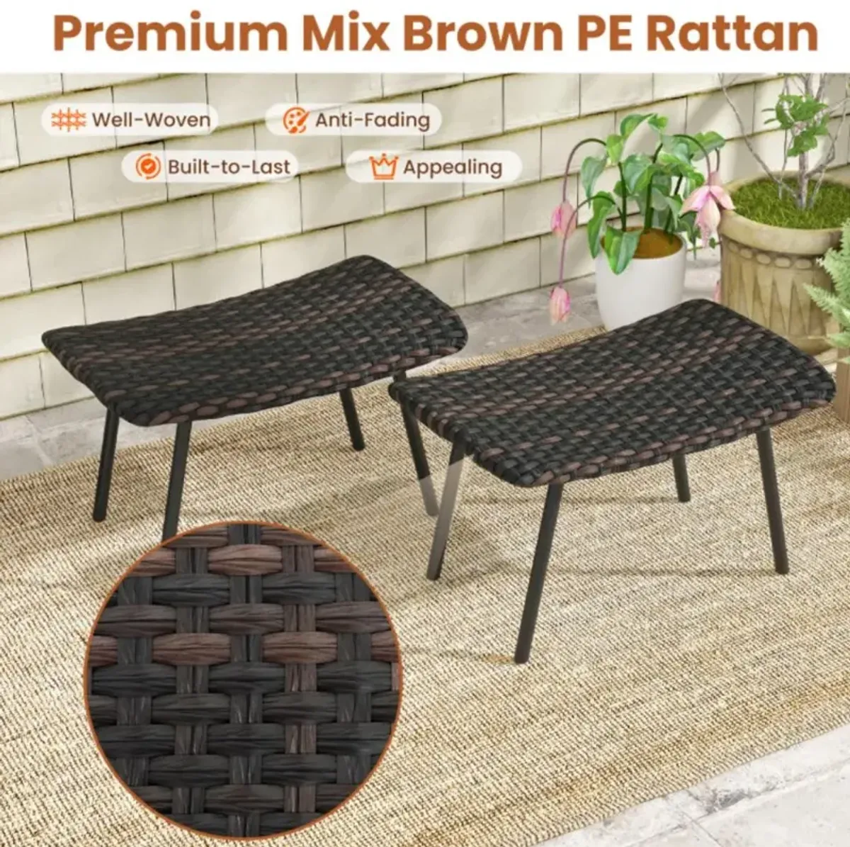 Hivvago All Weather Outdoor Ottomans Set Patio Footrest Seats Set with Sturdy Metal Legs -Brown