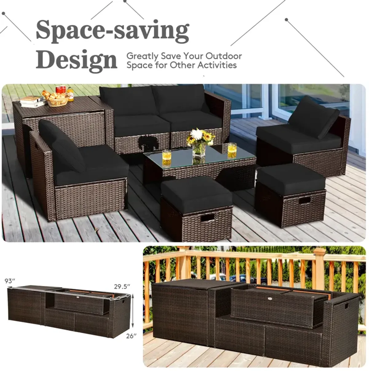 8 Pieces Patio Space-Saving Rattan Conversation Sets with Storage Box and Waterproof Cover