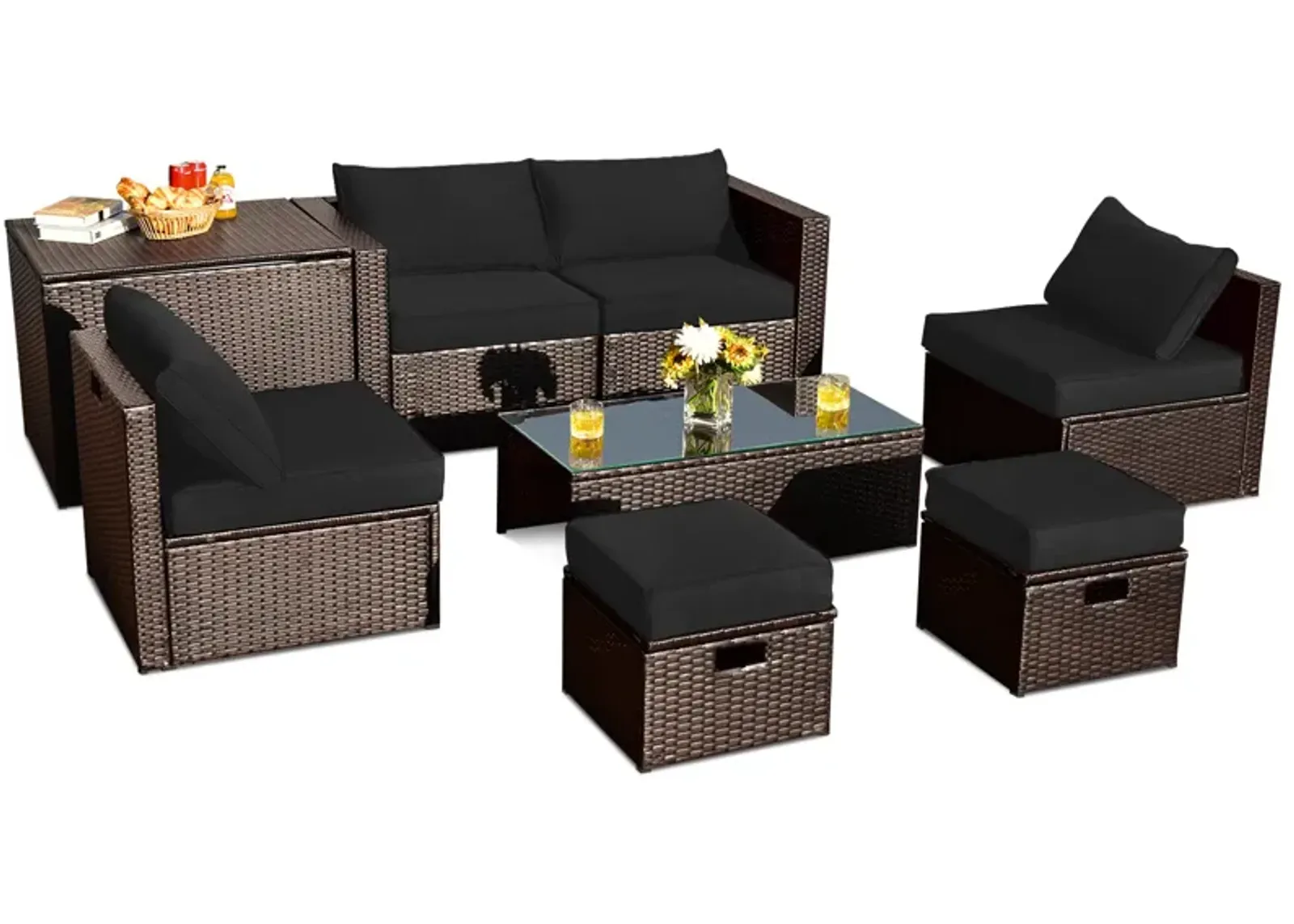 8 Pieces Patio Space-Saving Rattan Conversation Sets with Storage Box and Waterproof Cover