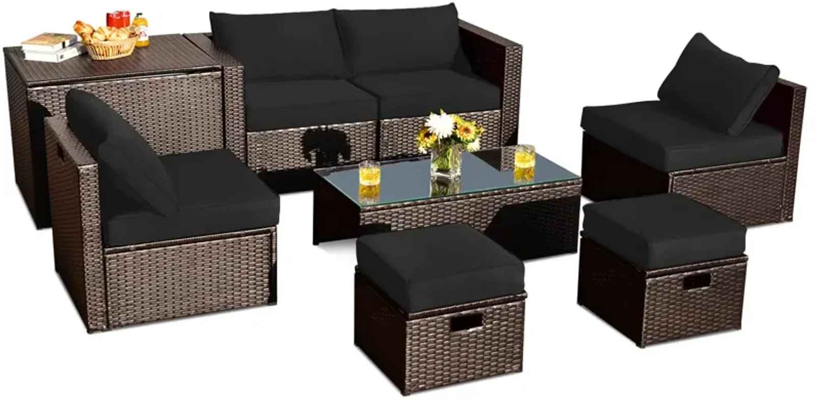 8 Pieces Patio Space-Saving Rattan Conversation Sets with Storage Box and Waterproof Cover