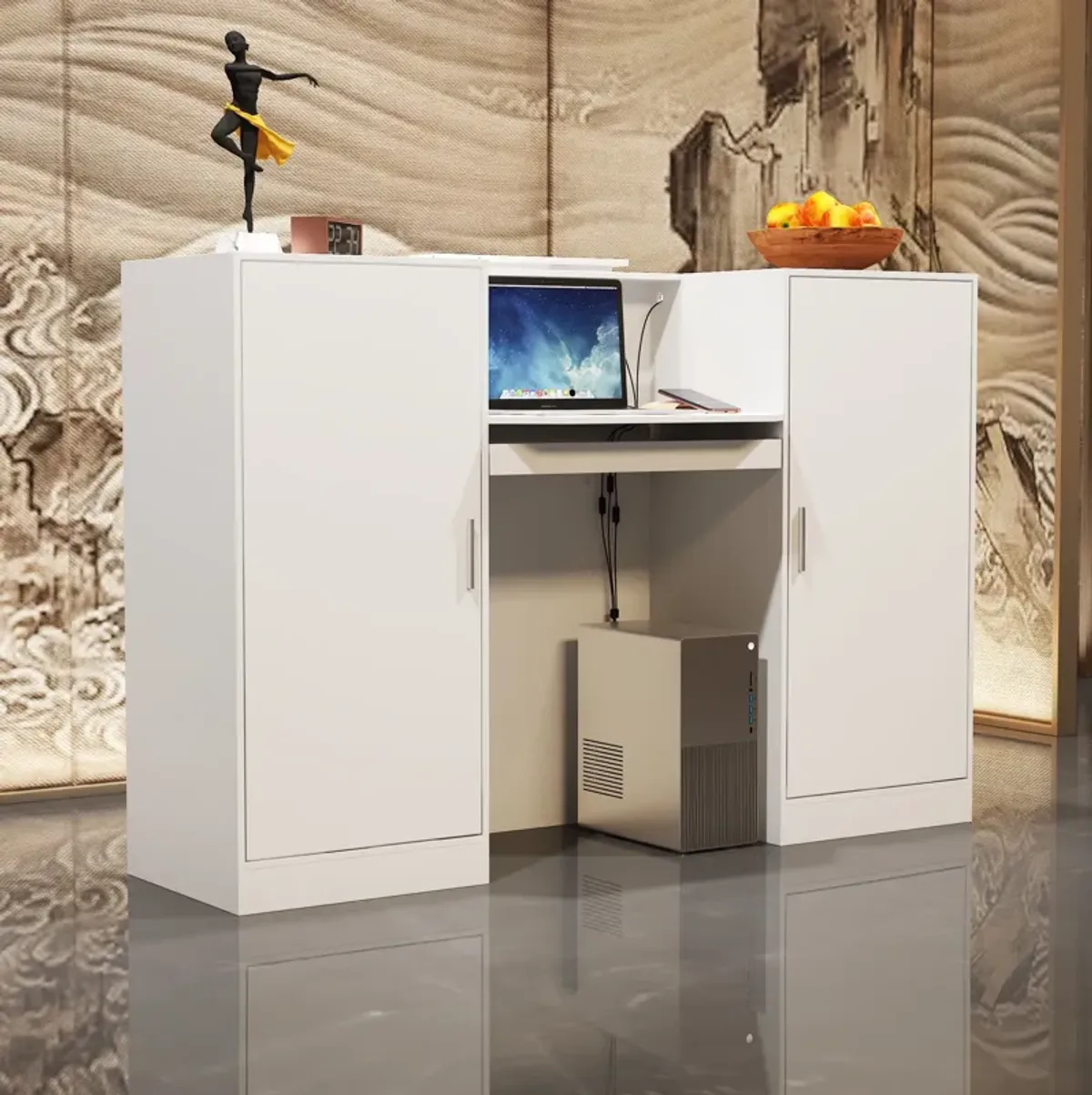 FUFU&GAGA Modern White Computer Desk with Storage and Glass Shelves, (59.1" W x 20.3" D x 40.6" H),White