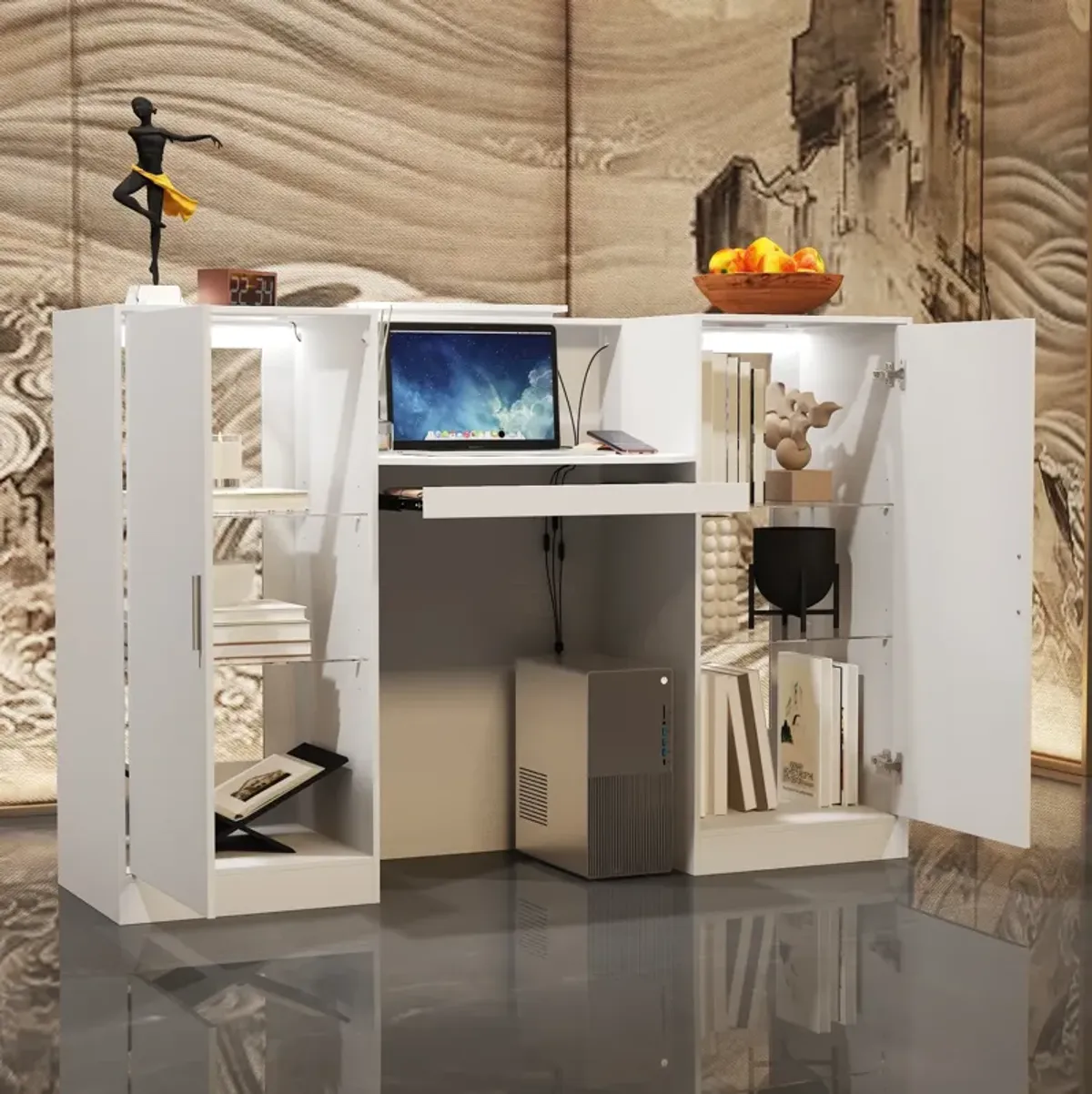 FUFU&GAGA Modern White Computer Desk with Storage and Glass Shelves, (59.1" W x 20.3" D x 40.6" H),White