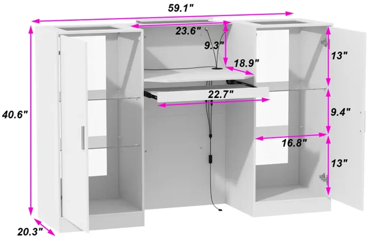 FUFU&GAGA Modern White Computer Desk with Storage and Glass Shelves, (59.1" W x 20.3" D x 40.6" H),White