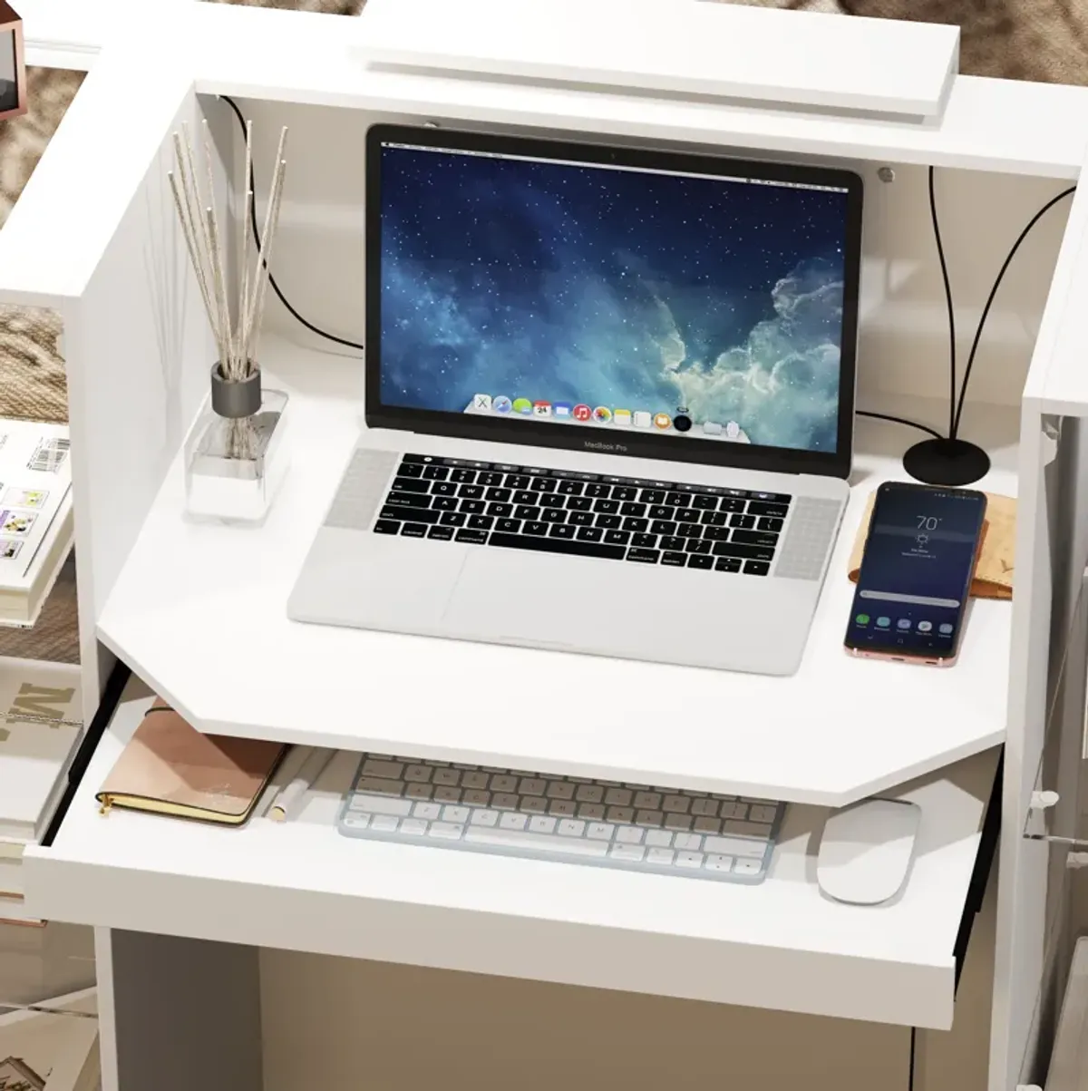 FUFU&GAGA Modern White Computer Desk with Storage and Glass Shelves, (59.1" W x 20.3" D x 40.6" H),White