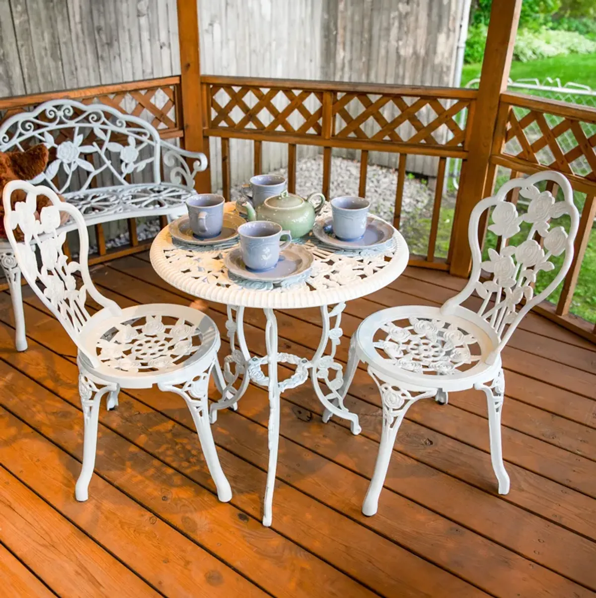 Sunnydaze Flower Design Cast Aluminum 3-Piece Patio Bistro Set - White