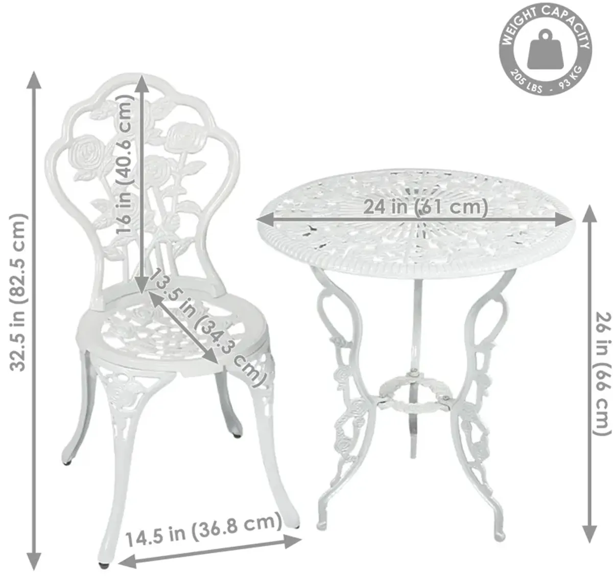 Sunnydaze Flower Design Cast Aluminum 3-Piece Patio Bistro Set - White