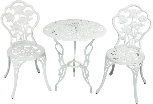 Sunnydaze Flower Design Cast Aluminum 3-Piece Patio Bistro Set - White