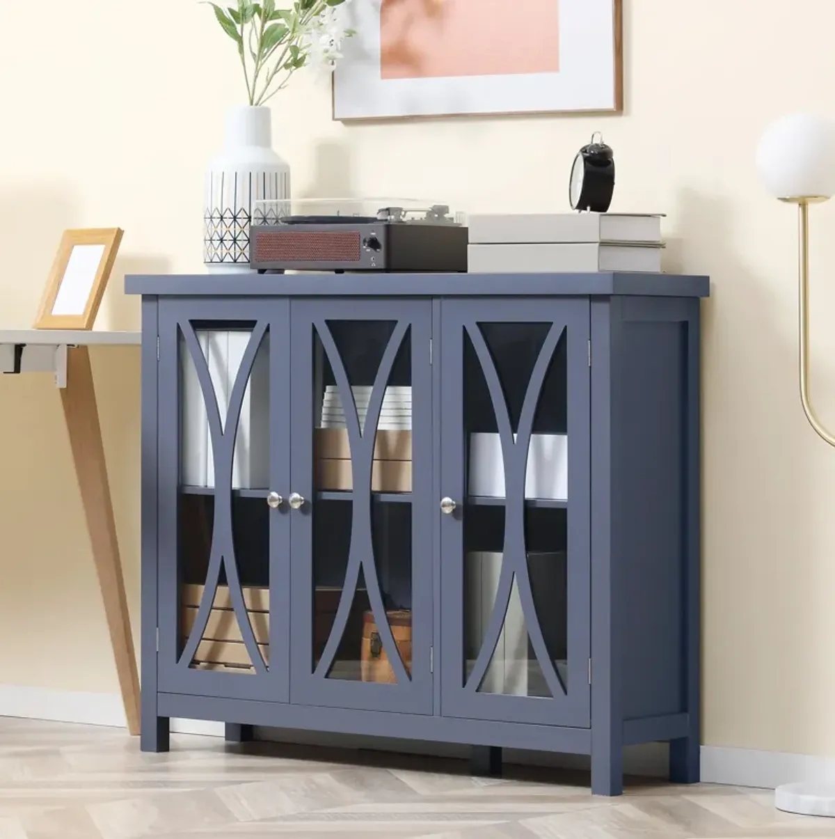 Grey Kitchen Cabinet: Modern Buffet with Glass Doors for Storage