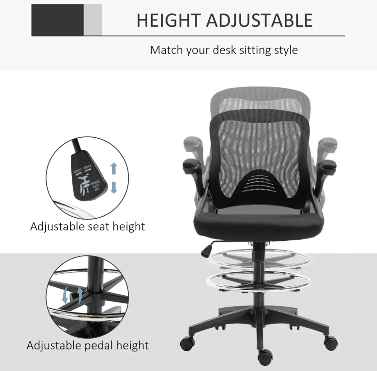 Black Tall Office Chair: Drafting Chair with Lumbar Support and Footrest