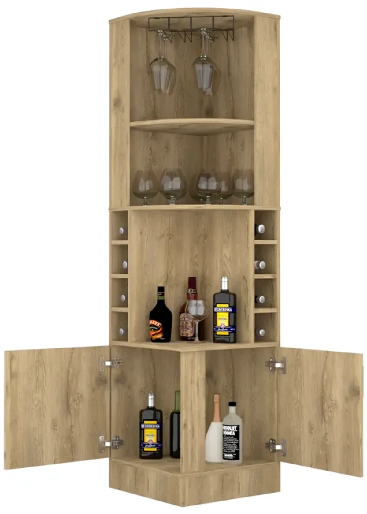 Syrah Corner Bar Cabinet, Eight Bottle Cubbies, Double Door, Two Open Shelves-Black