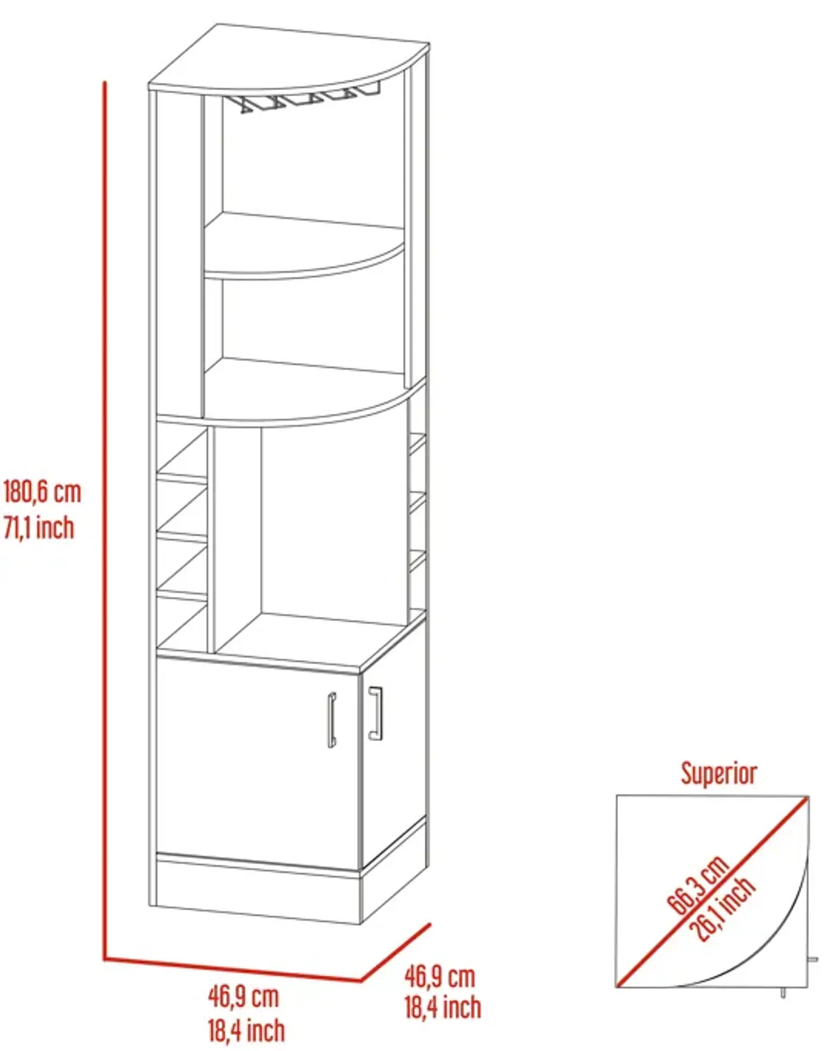 Syrah Corner Bar Cabinet, Eight Bottle Cubbies, Double Door, Two Open Shelves-Black