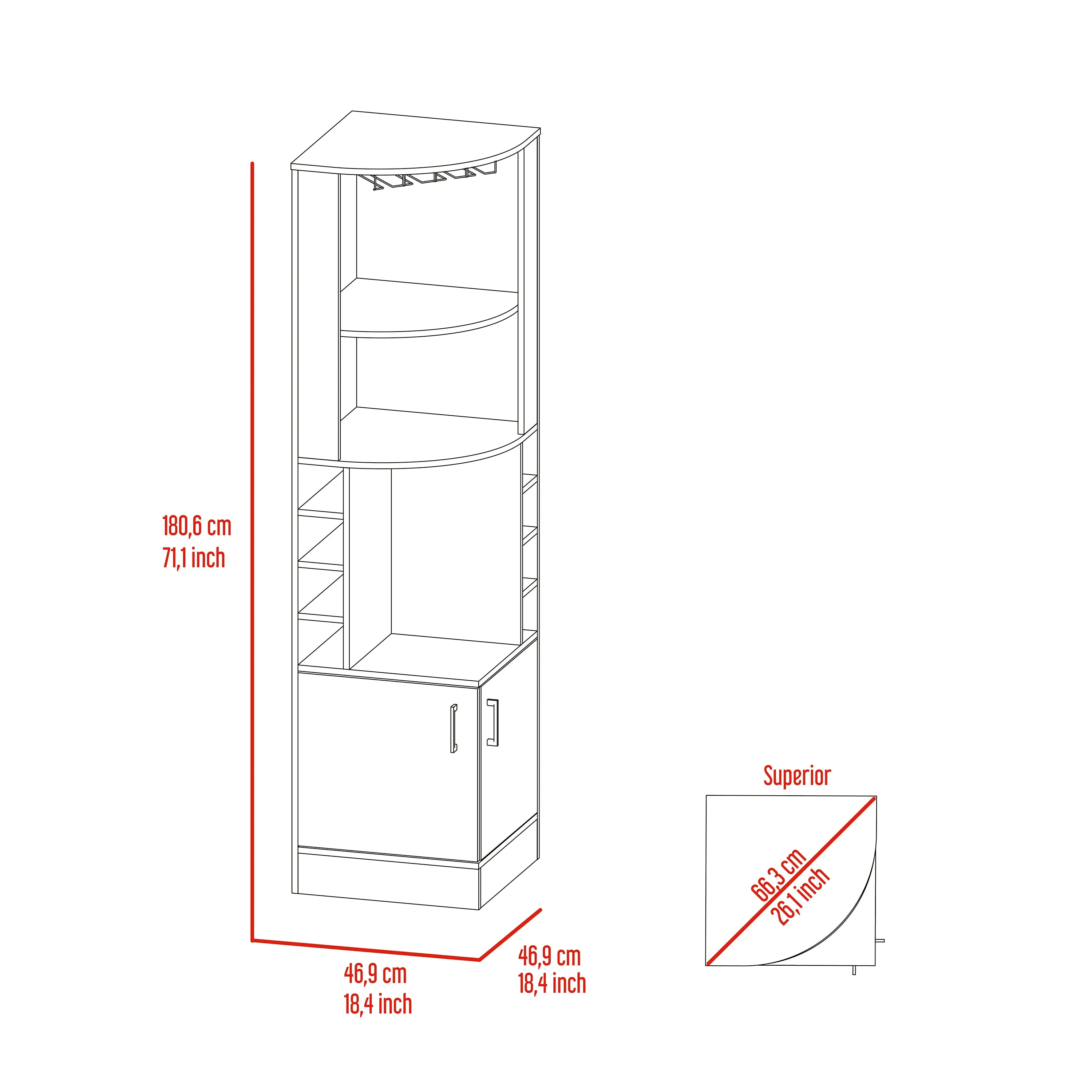 Syrah Corner Bar Cabinet, Eight Bottle Cubbies, Double Door, Two Open Shelves-Black