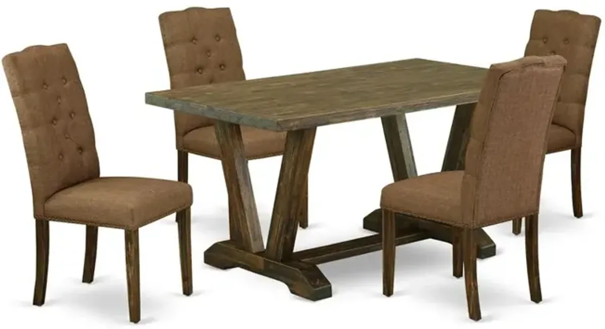 East West Furniture 5-Pc rectangular Dinette Set Included 4 kitchen parson chairs Upholstered Seat and High Button Tufted Chair Back and rectangular dining Table with Distressed Jacobean Dining Table