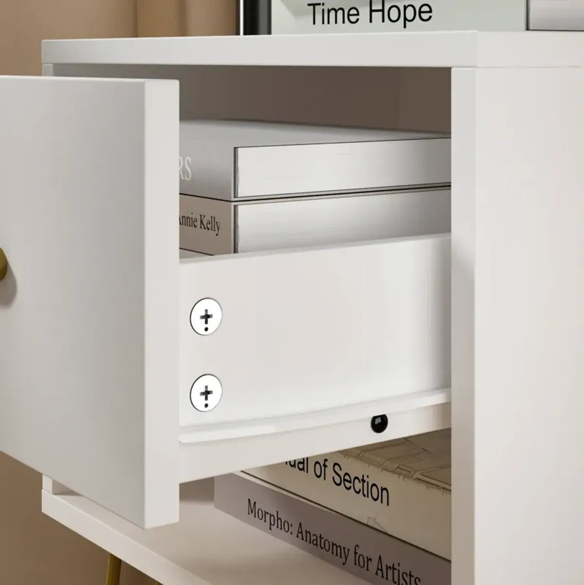 1-Drawer White Nightstands with Metal Legs and Open Shelf Side Table Bed Side Table 23.6 in. H x 15.7 in. W x 11.8 in. D