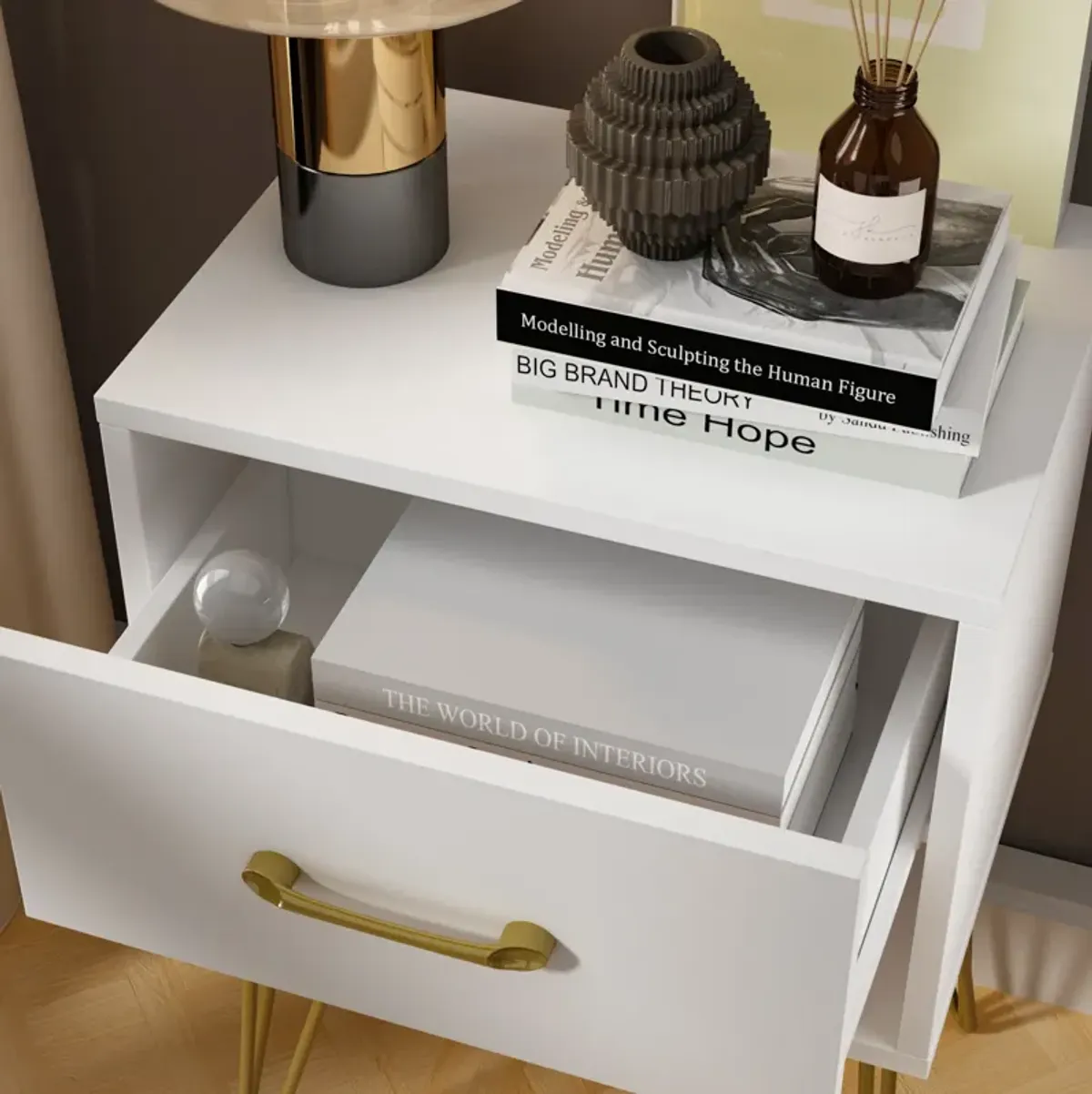 1-Drawer White Nightstands with Metal Legs and Open Shelf Side Table Bed Side Table 23.6 in. H x 15.7 in. W x 11.8 in. D