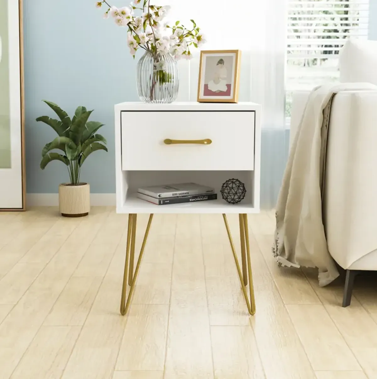 1-Drawer White Nightstands with Metal Legs and Open Shelf Side Table Bed Side Table 23.6 in. H x 15.7 in. W x 11.8 in. D