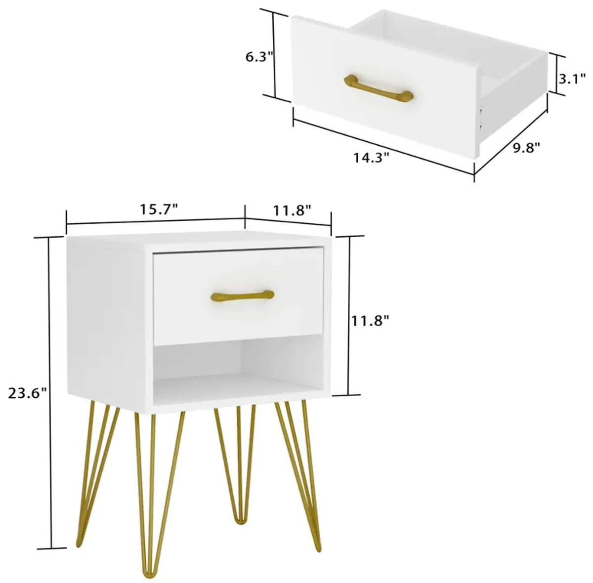 1-Drawer White Nightstands with Metal Legs and Open Shelf Side Table Bed Side Table 23.6 in. H x 15.7 in. W x 11.8 in. D