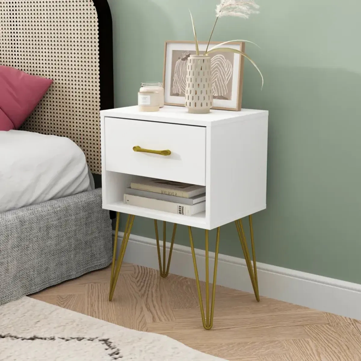 1-Drawer White Nightstands with Metal Legs and Open Shelf Side Table Bed Side Table 23.6 in. H x 15.7 in. W x 11.8 in. D