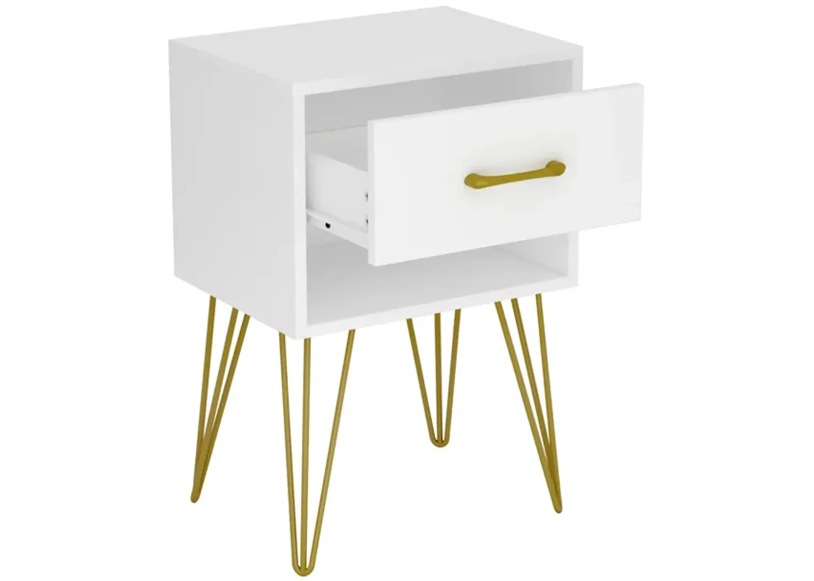 1-Drawer White Nightstands with Metal Legs and Open Shelf Side Table Bed Side Table 23.6 in. H x 15.7 in. W x 11.8 in. D