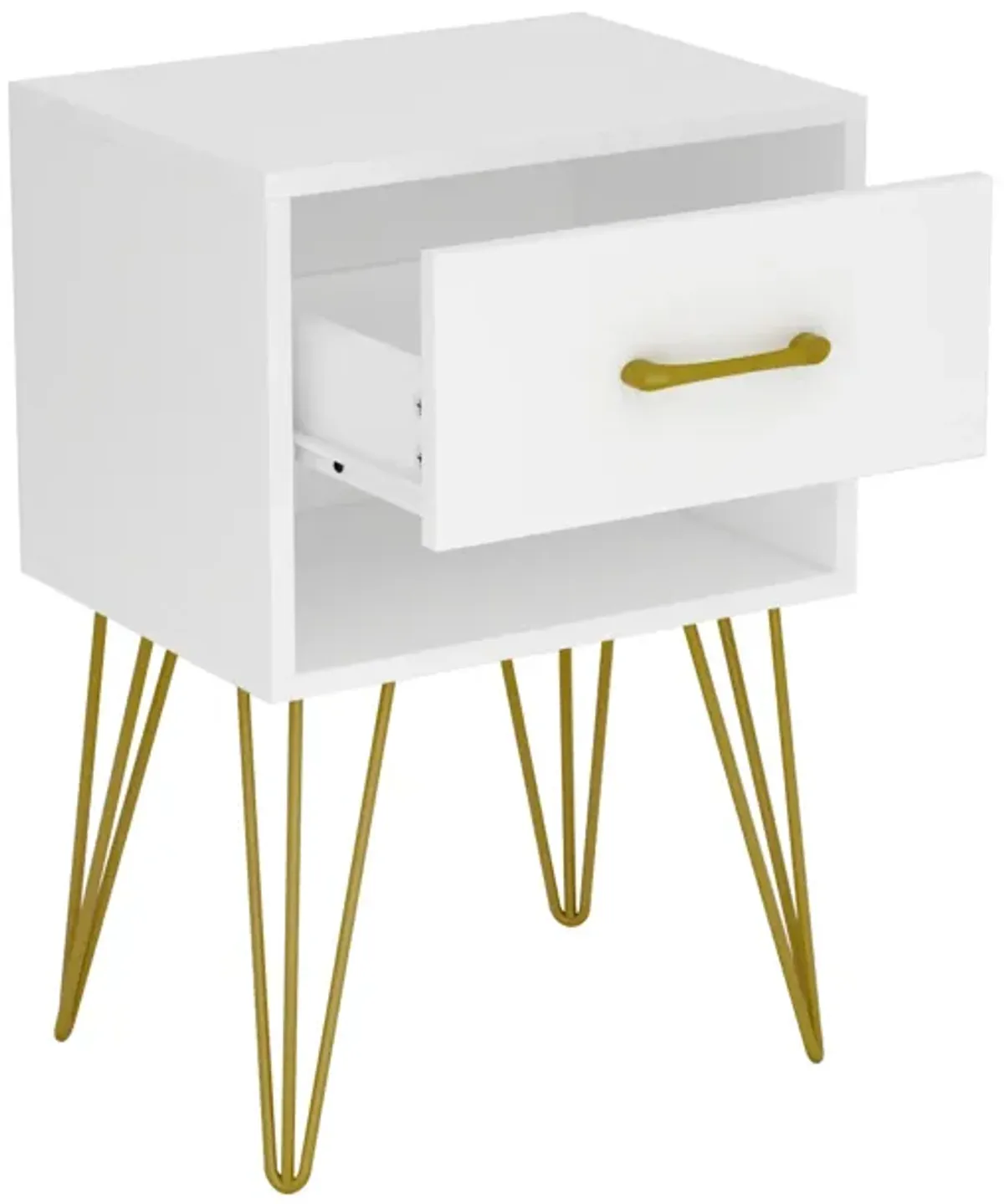 1-Drawer White Nightstands with Metal Legs and Open Shelf Side Table Bed Side Table 23.6 in. H x 15.7 in. W x 11.8 in. D