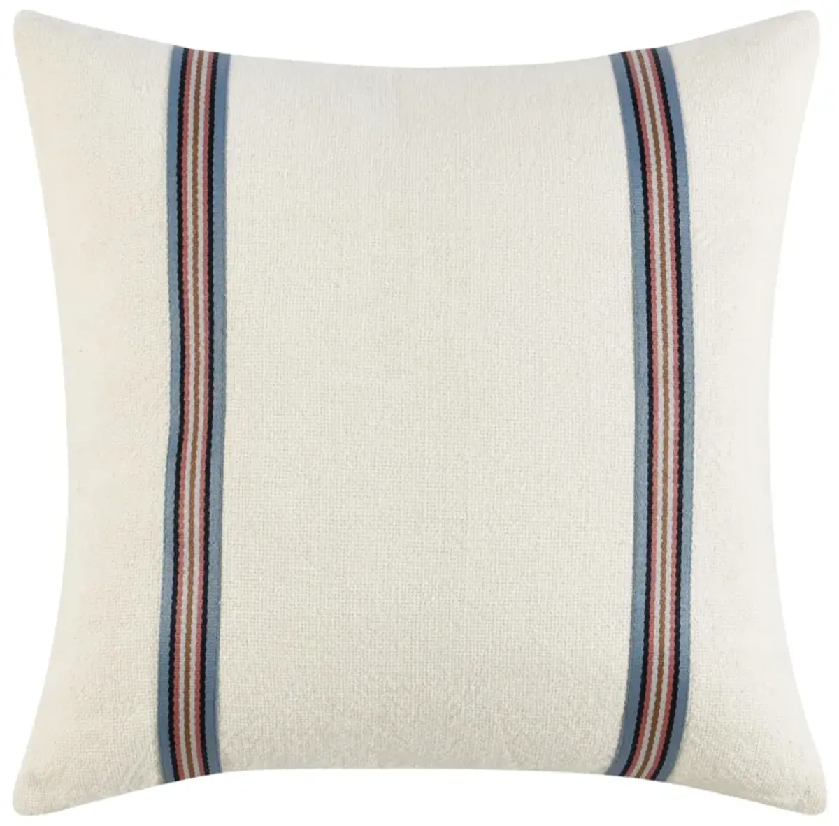 Throw Pillow, 22 Inch Polyester Tape Design, White Cotton Linen Blend - Benzara