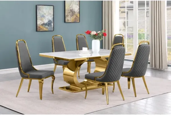 7pc Small(68") marble top dining set with gold base and 6 Dark grey side chairs