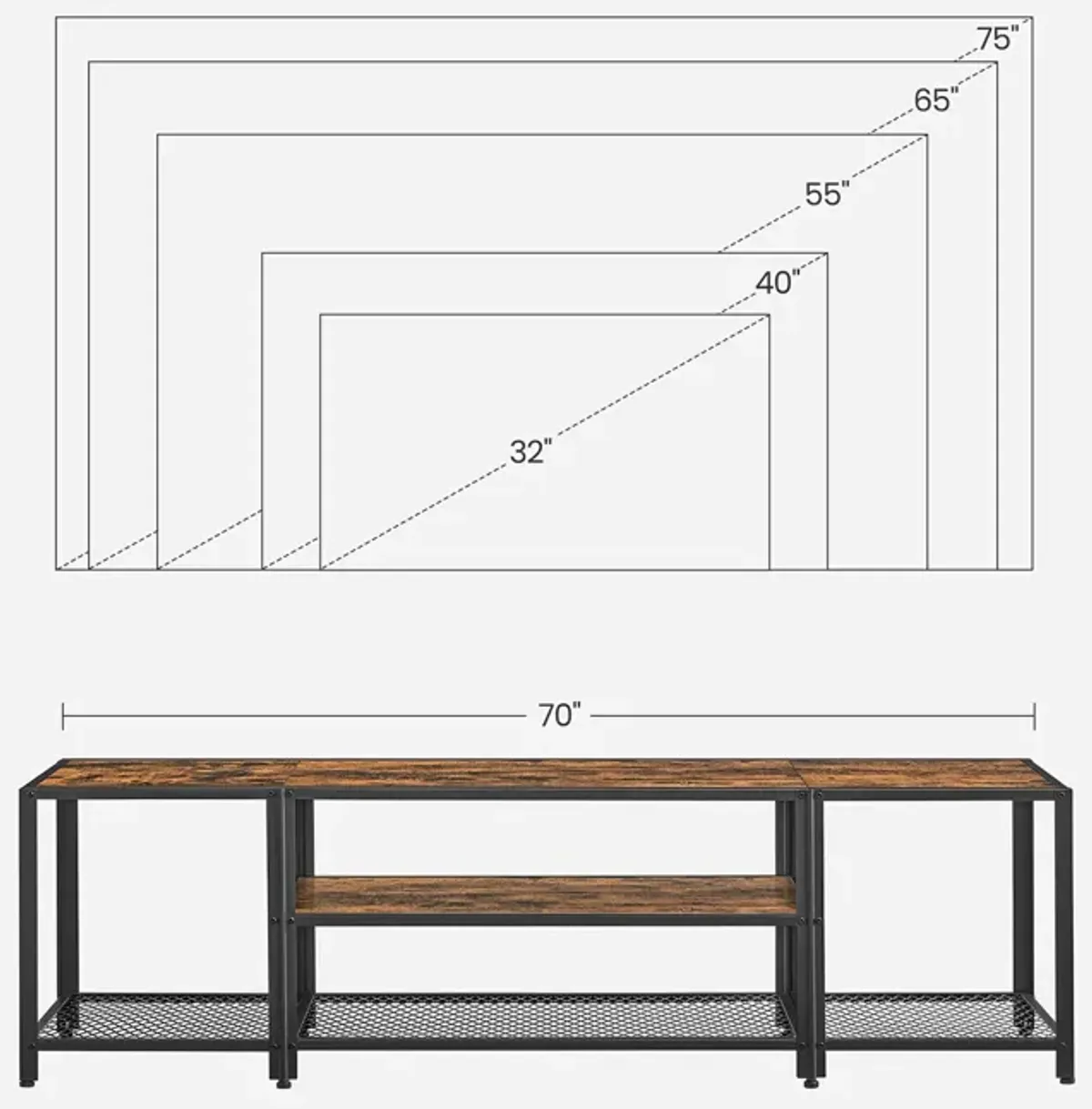 3-Tier TV Stand with Open Storage Shelves