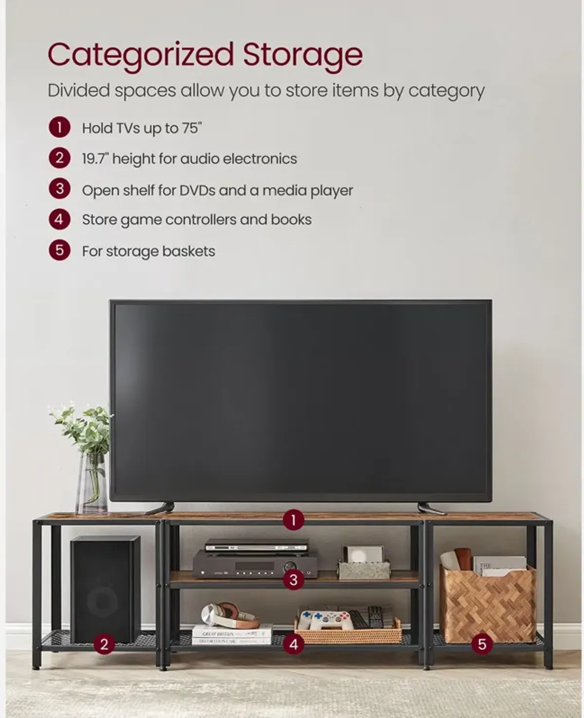 3-Tier TV Stand with Open Storage Shelves