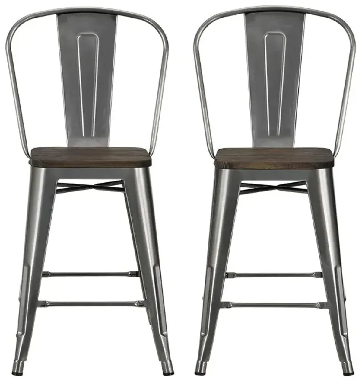 Atwater Living 24" Lainey Metal Counter Stool with Wood Seat, Set of 2, Steel Gray