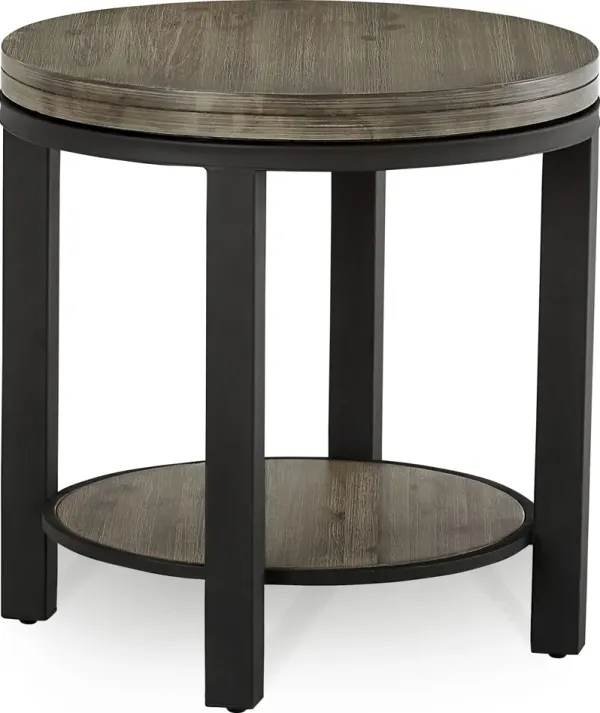 Canyon Solid Wood and Metal Round End Table in Washed Grey
