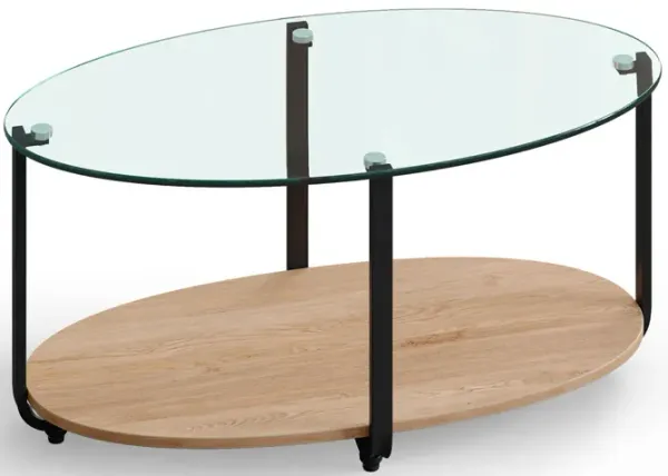 2-Tier Glass-Top Oval Coffee Table with Wooden Shelf for Living Room