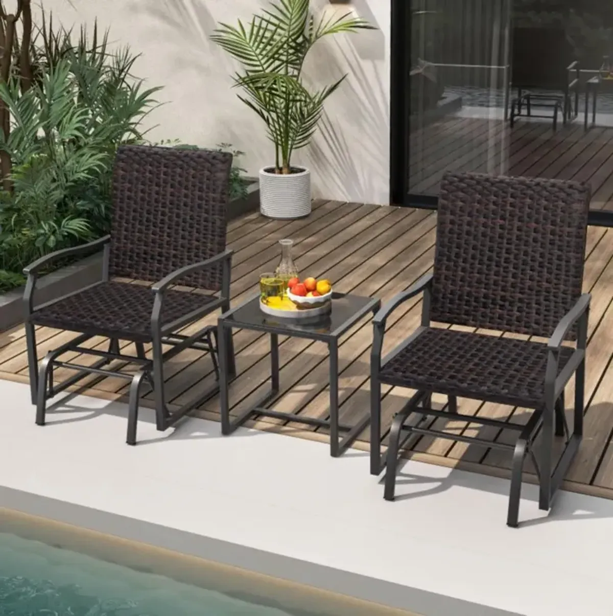 Hivvago 3 Piece Patio Gliding Set with Tempered Glass Coffee Table All Weather