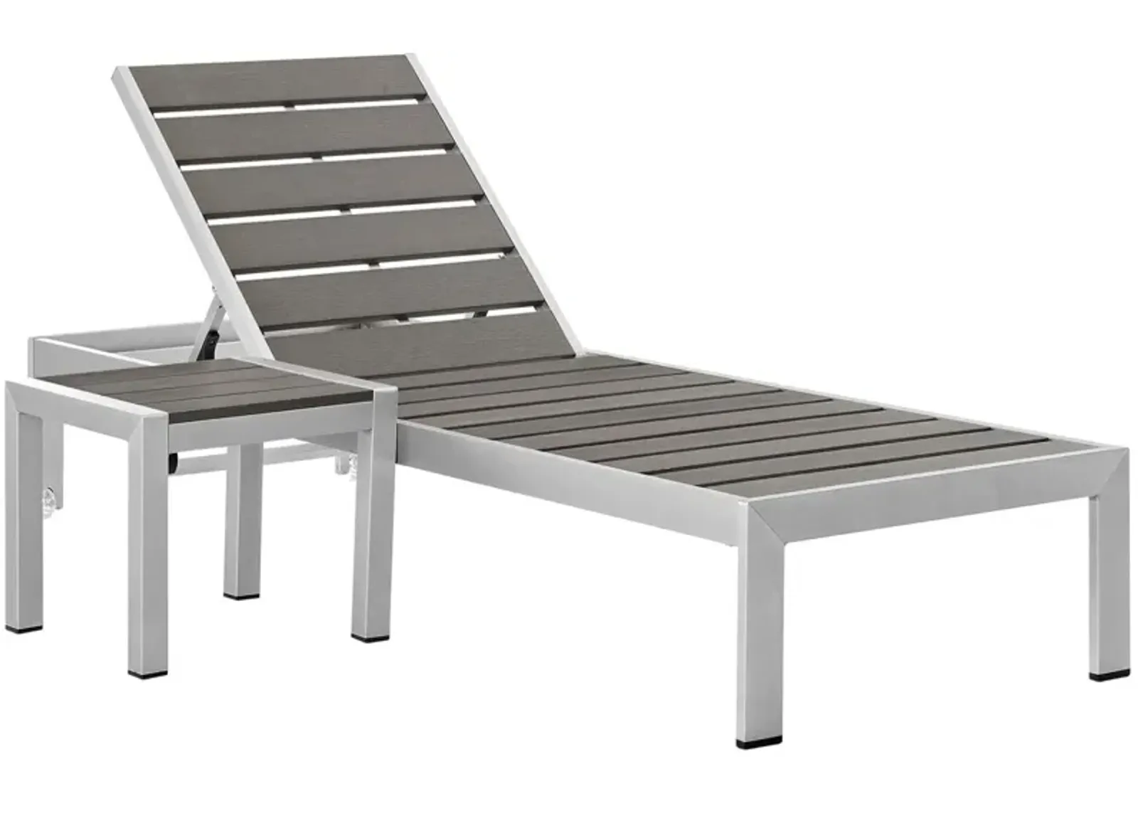 Modway Shore Aluminum Outdoor Patio Chaise Lounge Chair and Side Table Set in Silver Gray