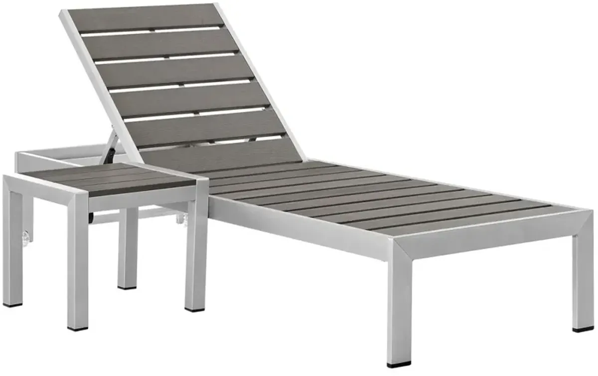 Modway Shore Aluminum Outdoor Patio Chaise Lounge Chair and Side Table Set in Silver Gray