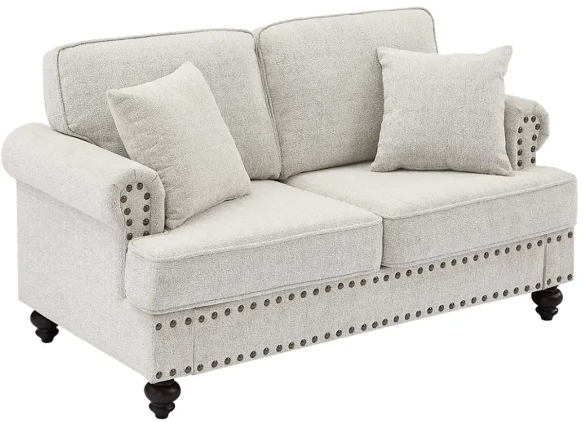 61" Chenille Modern Upholstered Sofas Love Seater With Nails And Armrests (White)