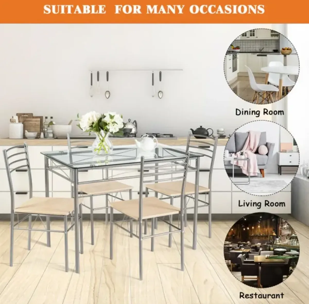 Hivvago 5 Pieces Dining Set Glass Table and 4 Chairs