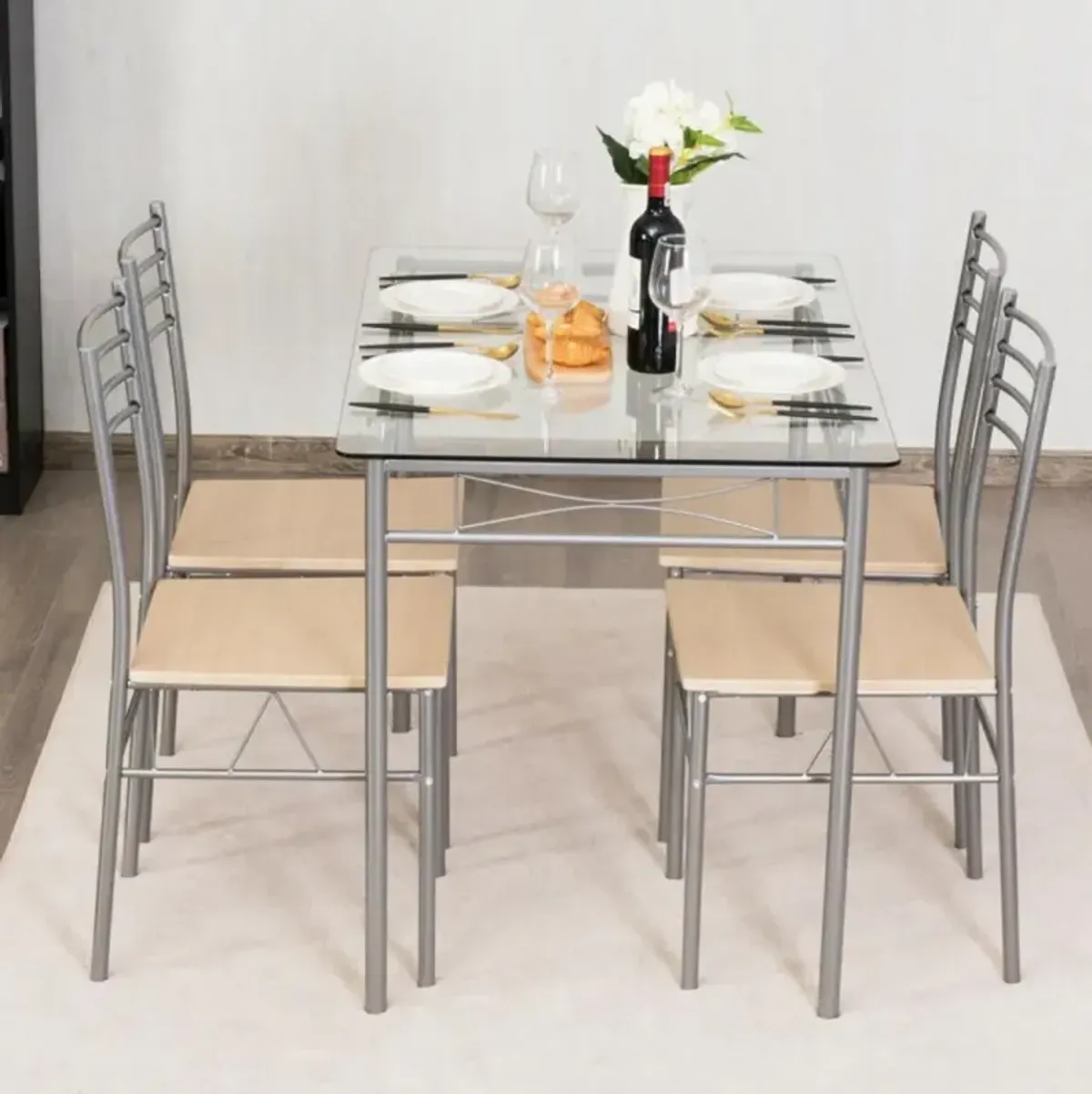 Hivvago 5 Pieces Dining Set Glass Table and 4 Chairs